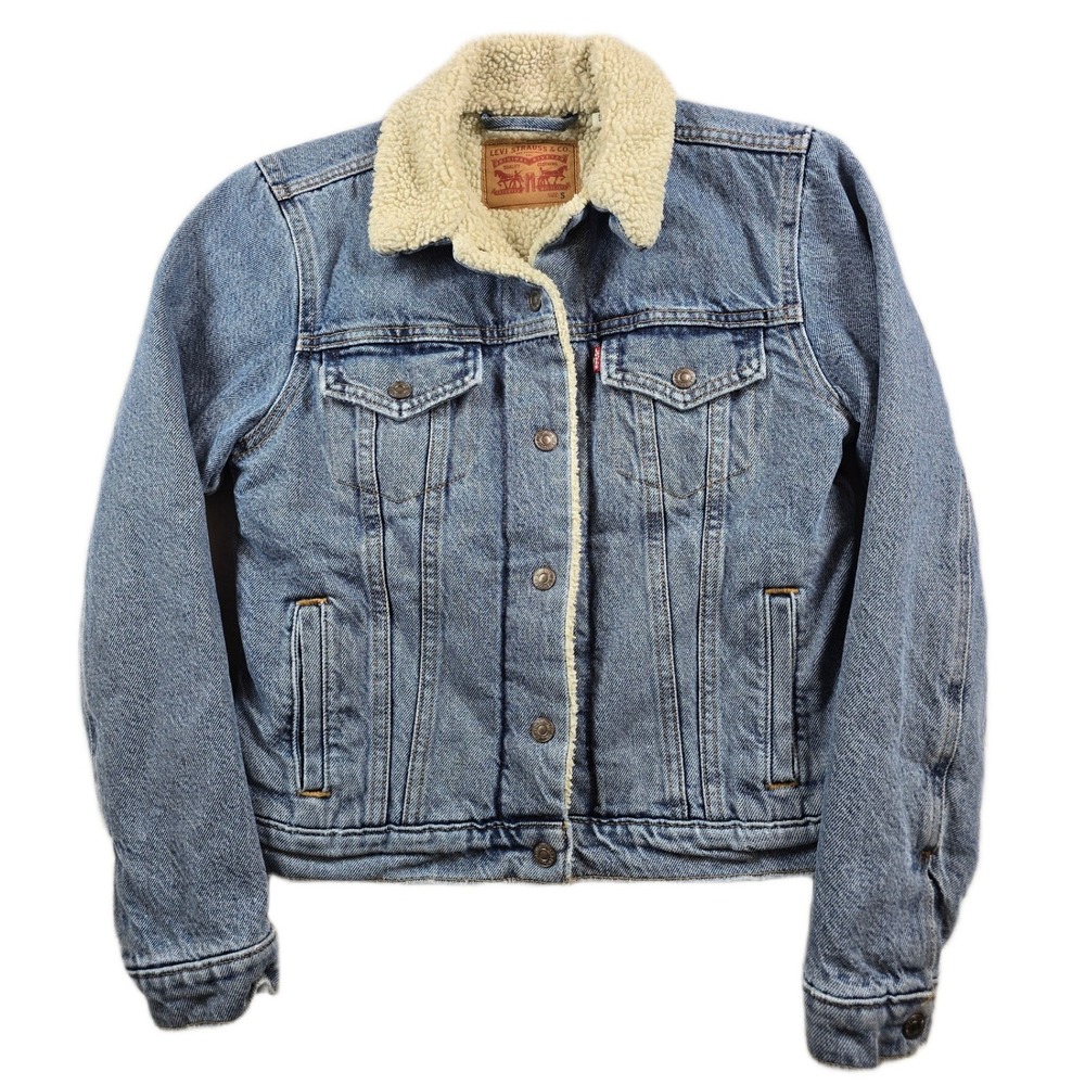 Levi's Sherpa Trucker Jean Jacket Womens Small Blue Denim Cotton Fully Lined
